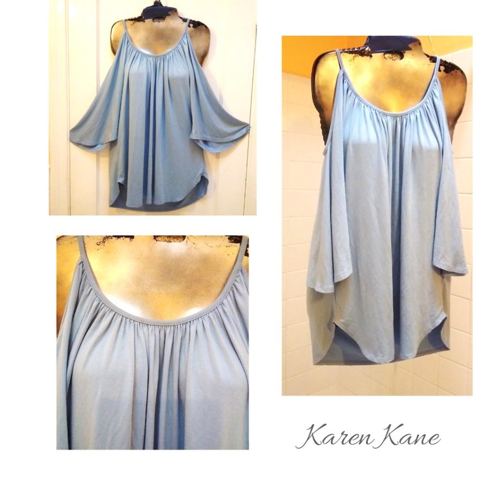 Blue Cold Shoulder Bell Sleeve  Flowy Top